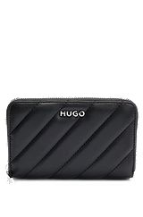 Quilted zip-up wallet in synthetic coated fabric, Black