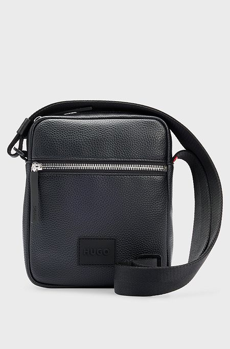 Faux-leather reporter bag with rubberised logo patch, Black