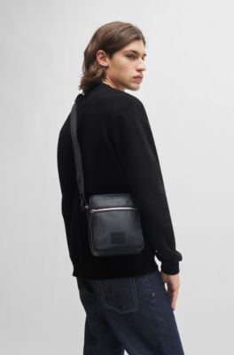 Faux-leather reporter bag with rubberised logo patch, Black