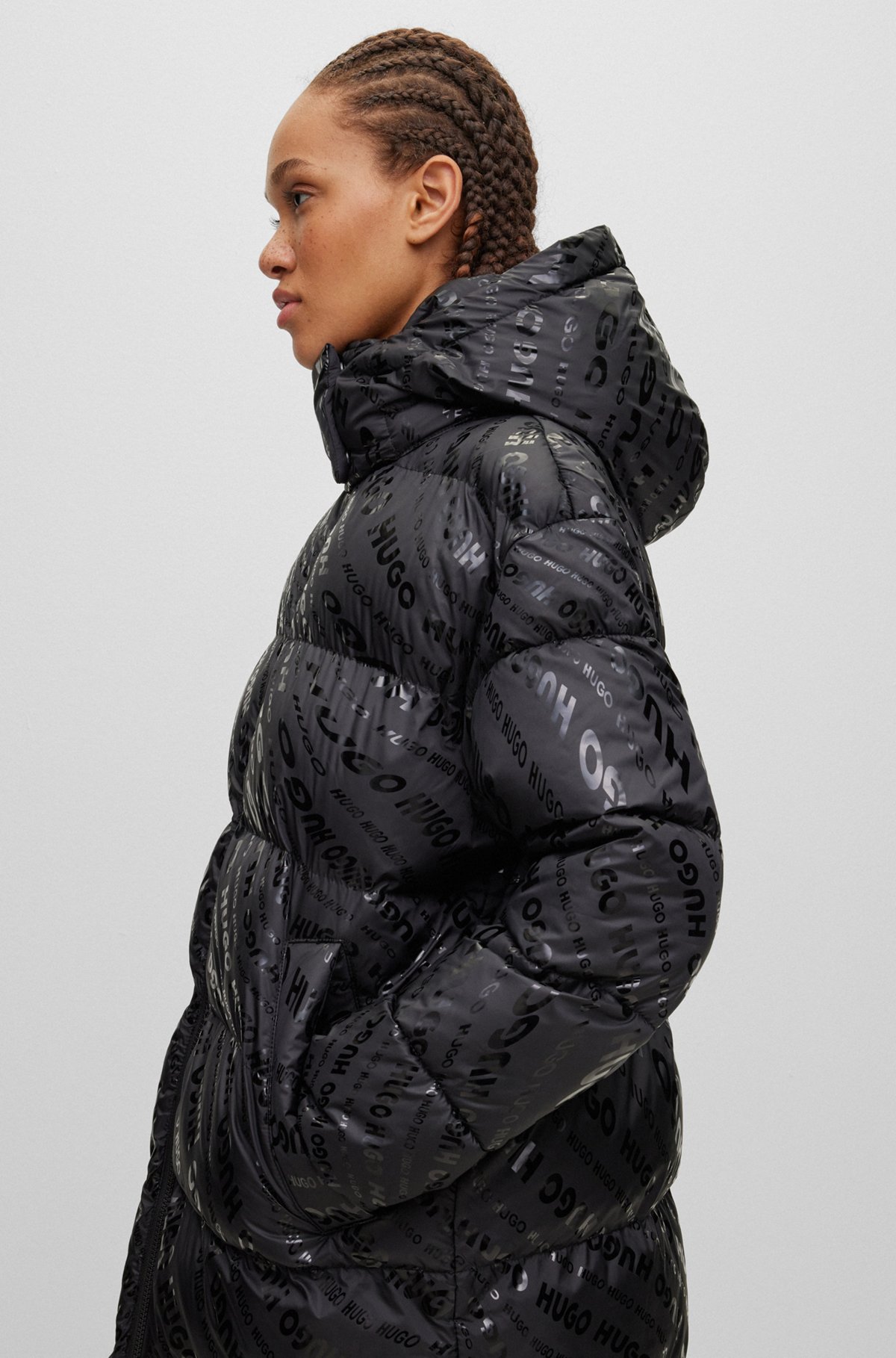 Hooded padded jacket with swirled logo print, Black
