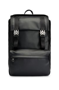 Flap-closure backpack with stacked-logo buckles, Black