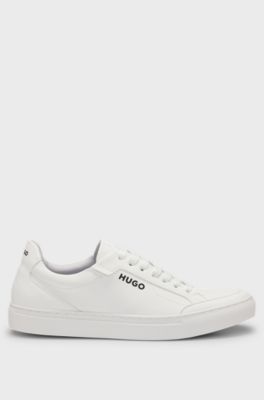 Faux-leather trainers with contrast logos, Bianco