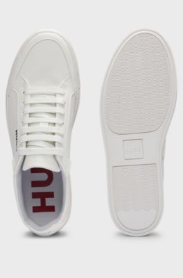 Faux-leather trainers with contrast logos, White