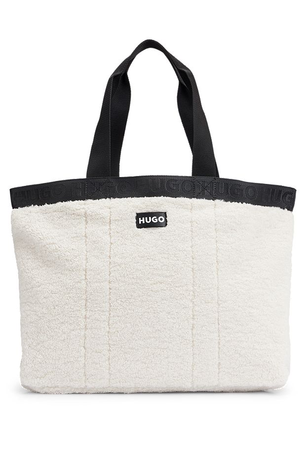 Faux-shearling tote bag with logo details, Natural