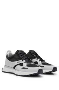 Mixed-material trainers with faux-leather trims, Light Grey