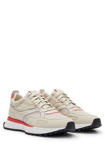 Mixed-material trainers with faux-leather trims, Light Beige