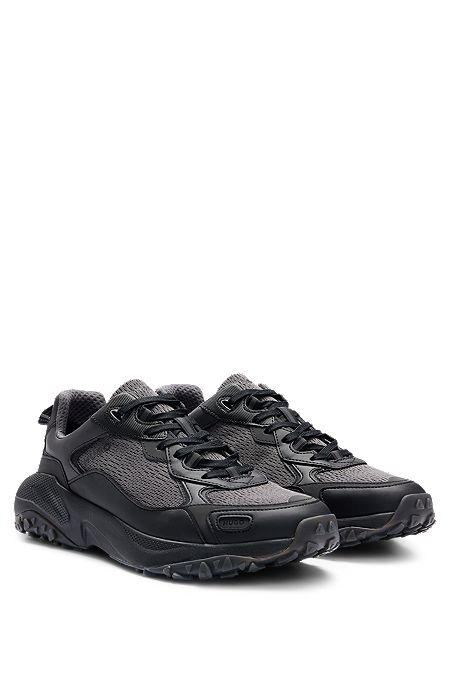 Mixed-material trainers with textured and rubberised faux leather, Dark Grey