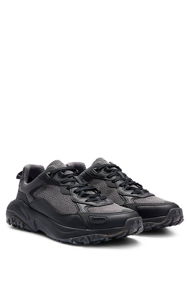 Mixed-material trainers with textured and rubberised faux leather, Dark Grey