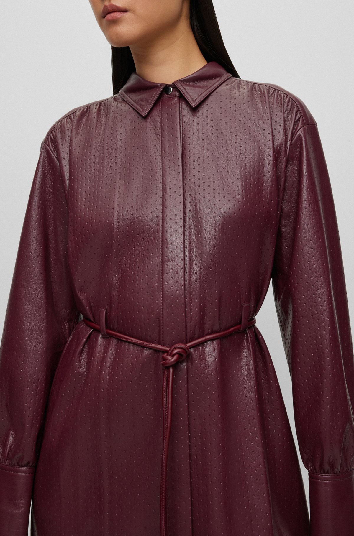Relaxed-fit shirt dress in embossed fabric, Dark Red