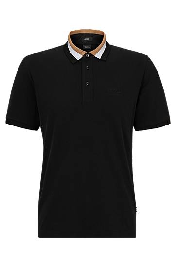 Mercerised-cotton polo shirt with signature-stripe collar, Hugo boss