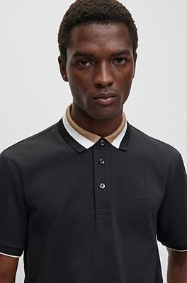 BOSS - Mercerised-cotton polo shirt with signature-stripe collar