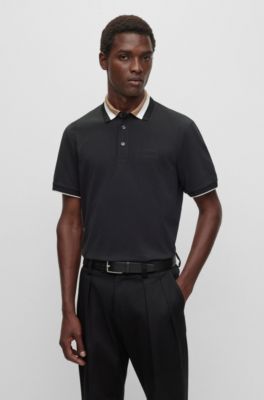 BOSS - Mercerised-cotton polo shirt with signature-stripe collar