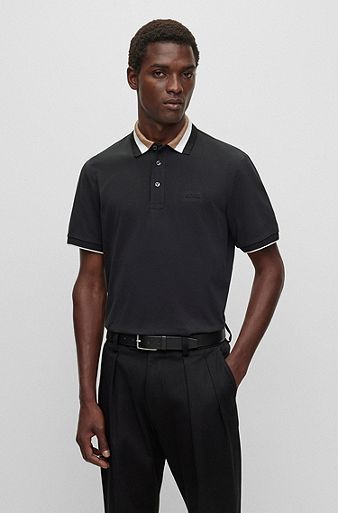 Mercerised-cotton polo shirt with signature-stripe collar, Black