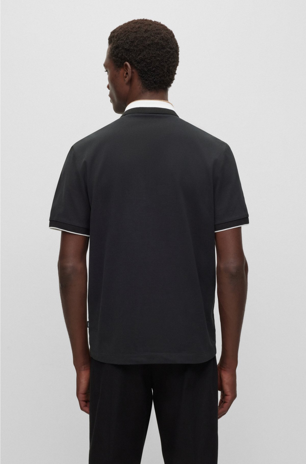 Mercerised-cotton polo shirt with signature-stripe collar, Black