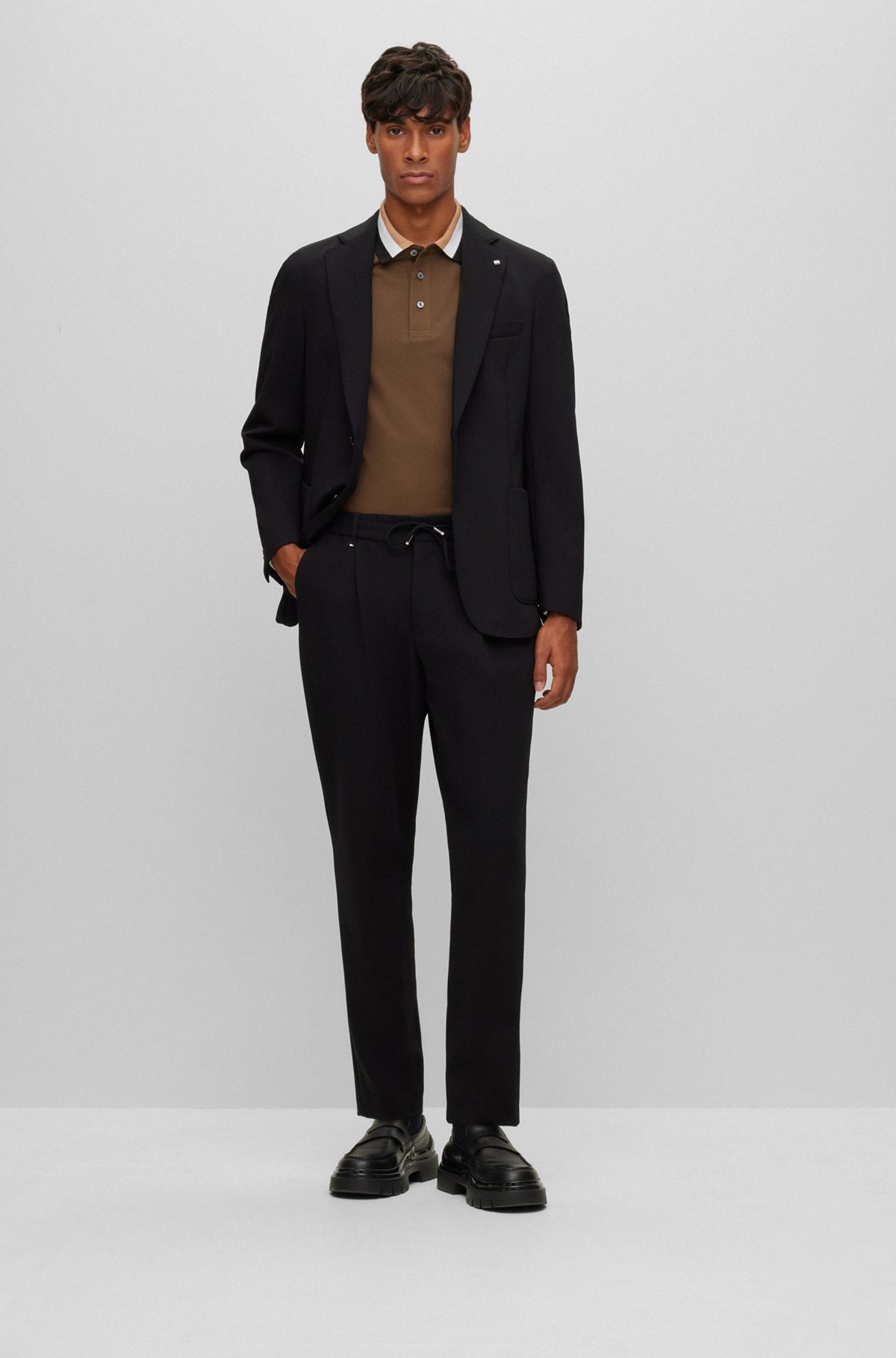 Mercerised-cotton polo shirt with signature-stripe collar, Dark Brown