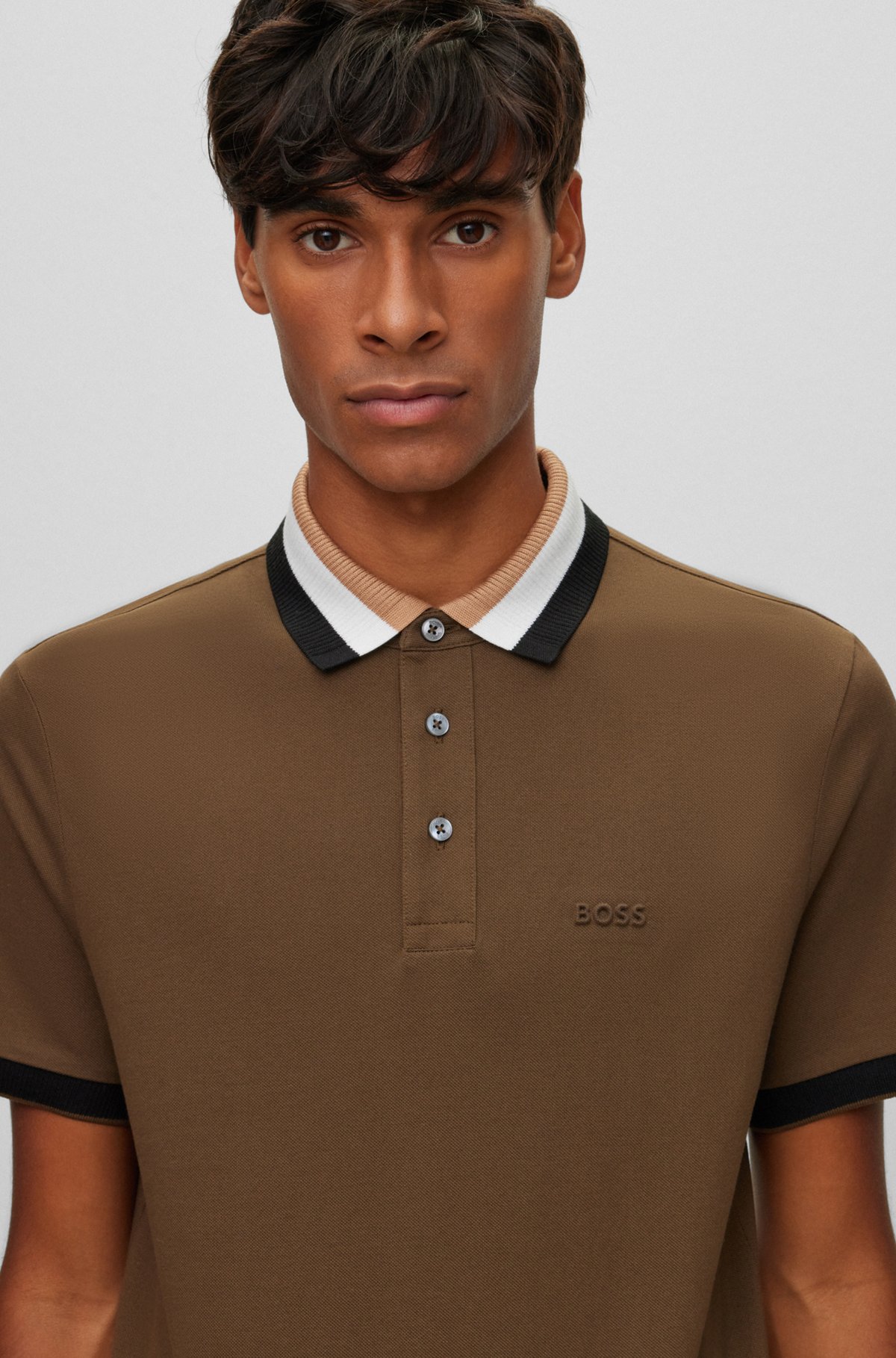 Mercerised-cotton polo shirt with signature-stripe collar, Dark Brown
