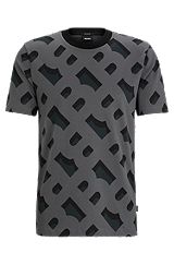 Monogram-jacquard T-shirt in mercerised stretch cotton, Grey Patterned