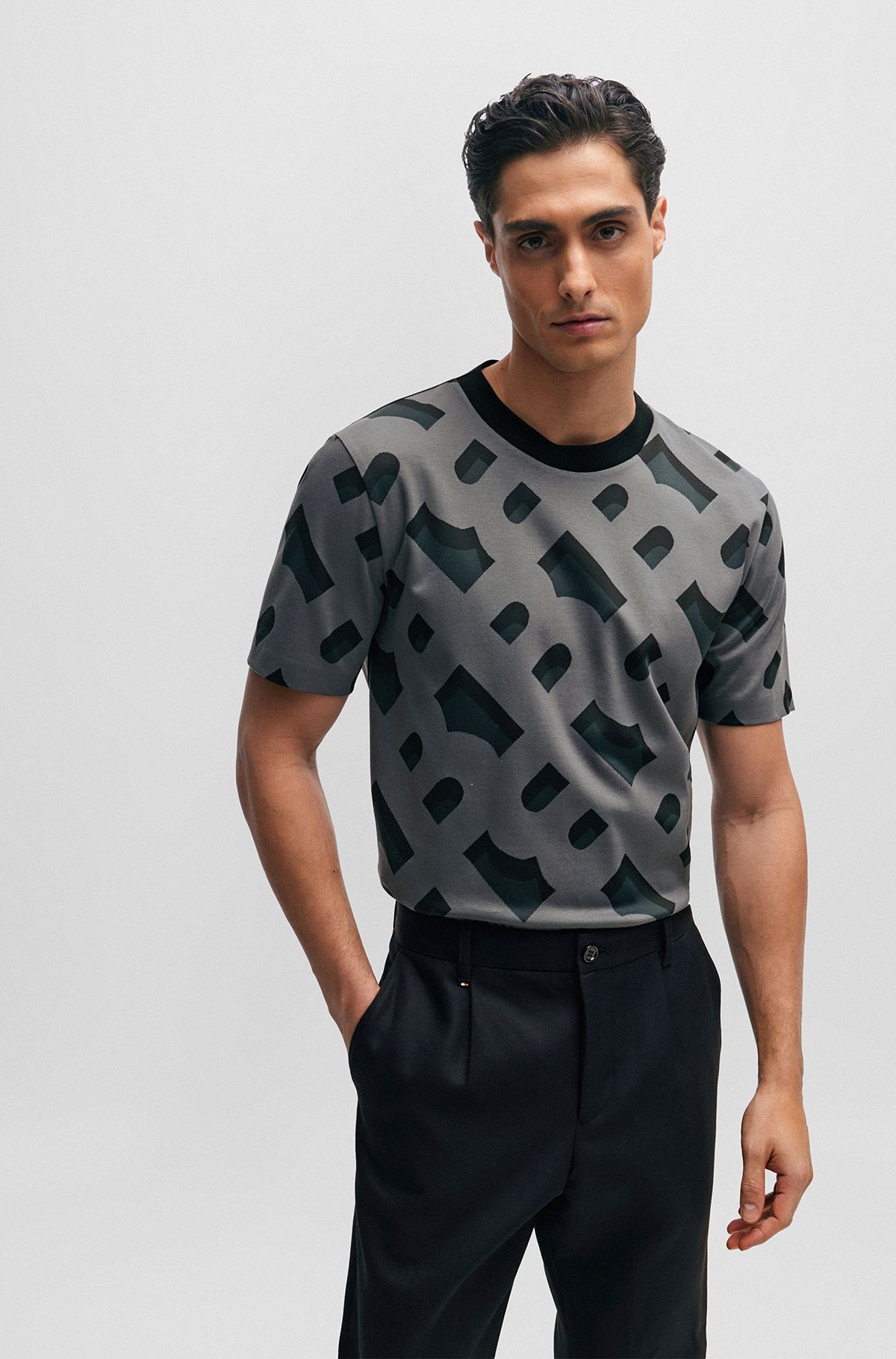 Monogram-jacquard T-shirt in mercerised stretch cotton, Grey Patterned