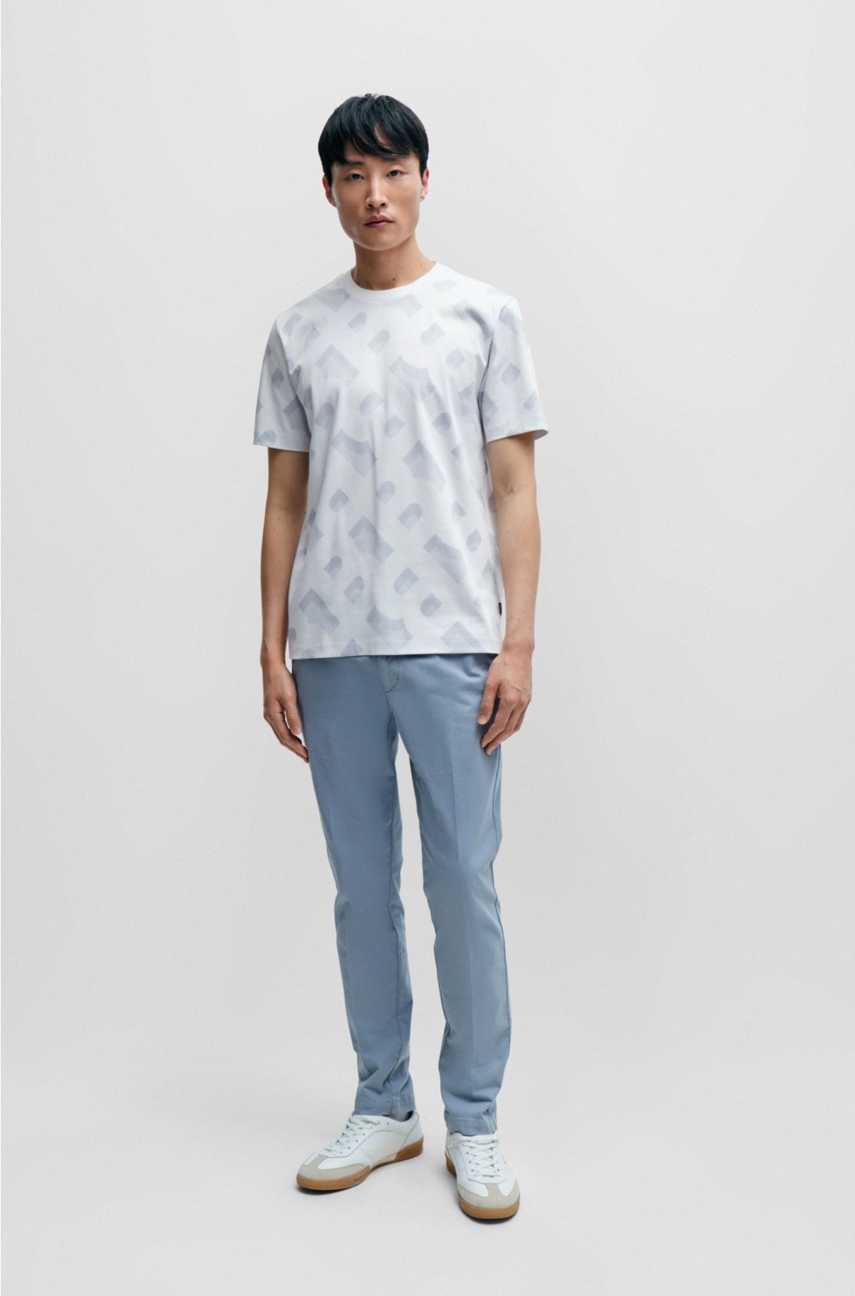 Monogram-jacquard T-shirt in mercerised stretch cotton, White Patterned