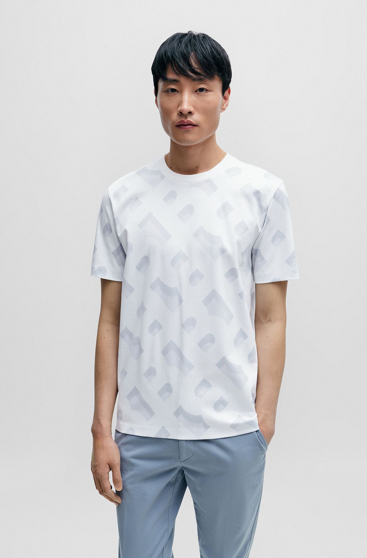 T-shirt en coton stretch mercerisé à monogramme jacquard, Blanc à motif