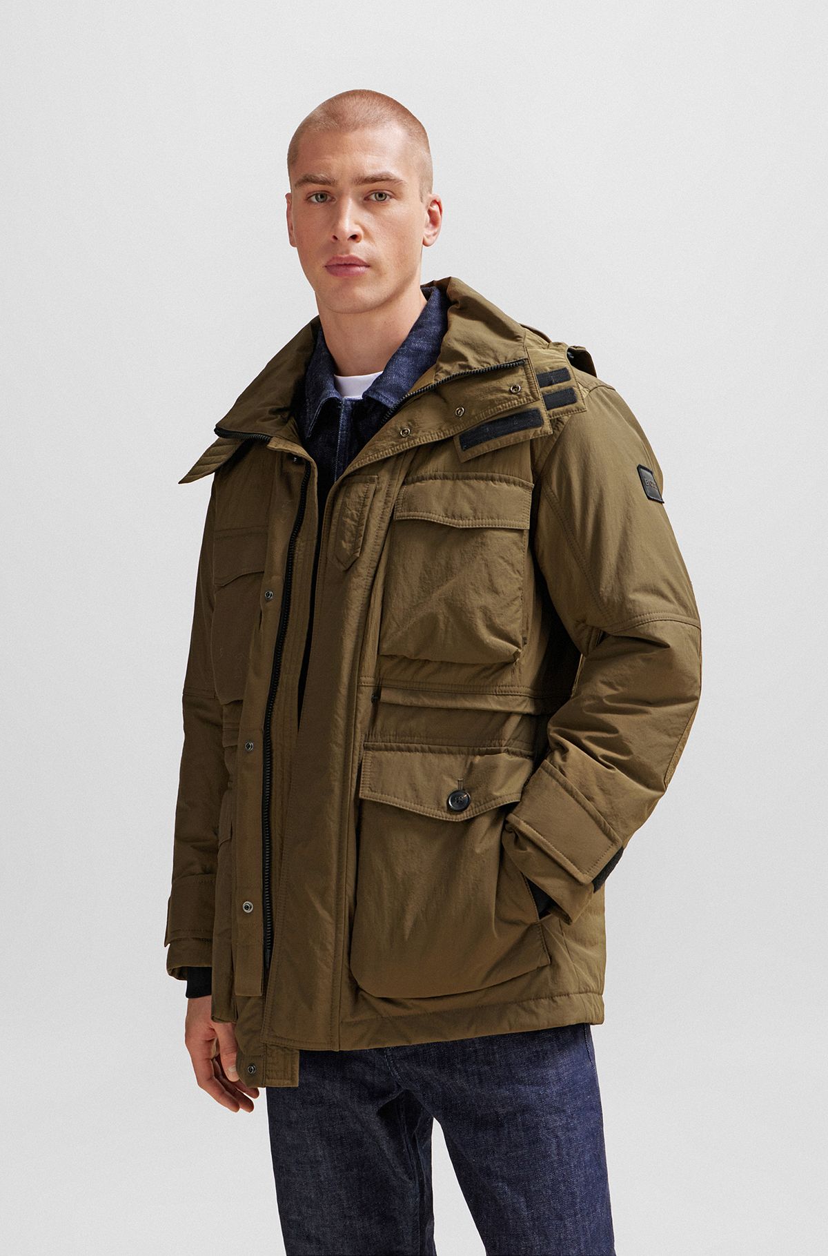Mixed-material hooded jacket with water-repellent finish, Dark Green