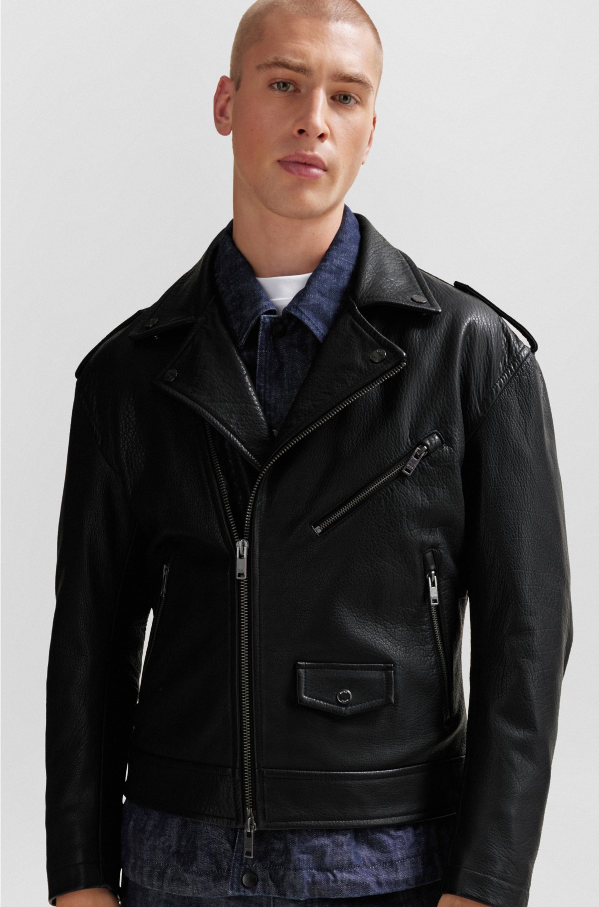 BOSS - Regular-fit jacket in buffalo leather with branded snaps