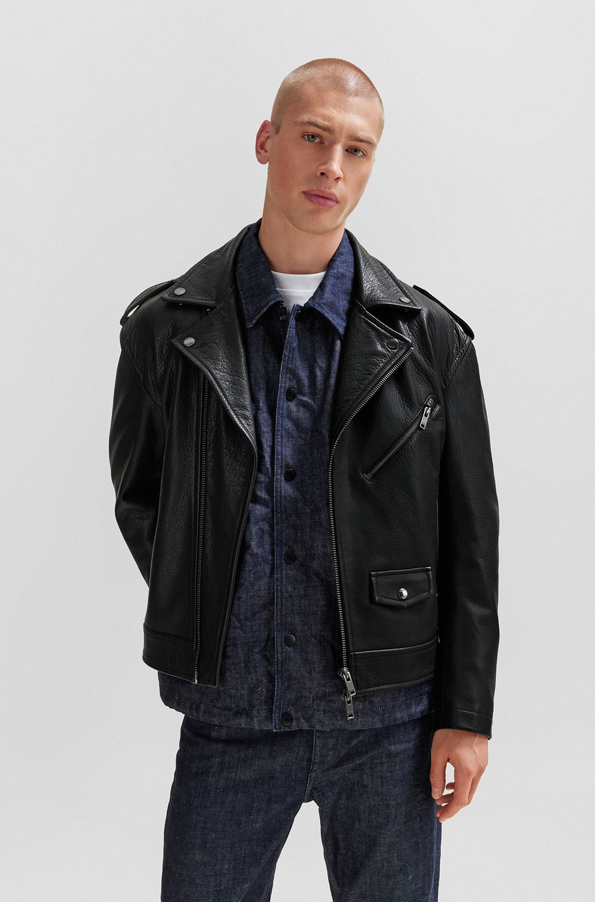 Regular-fit jacket in buffalo leather with branded snaps, Black