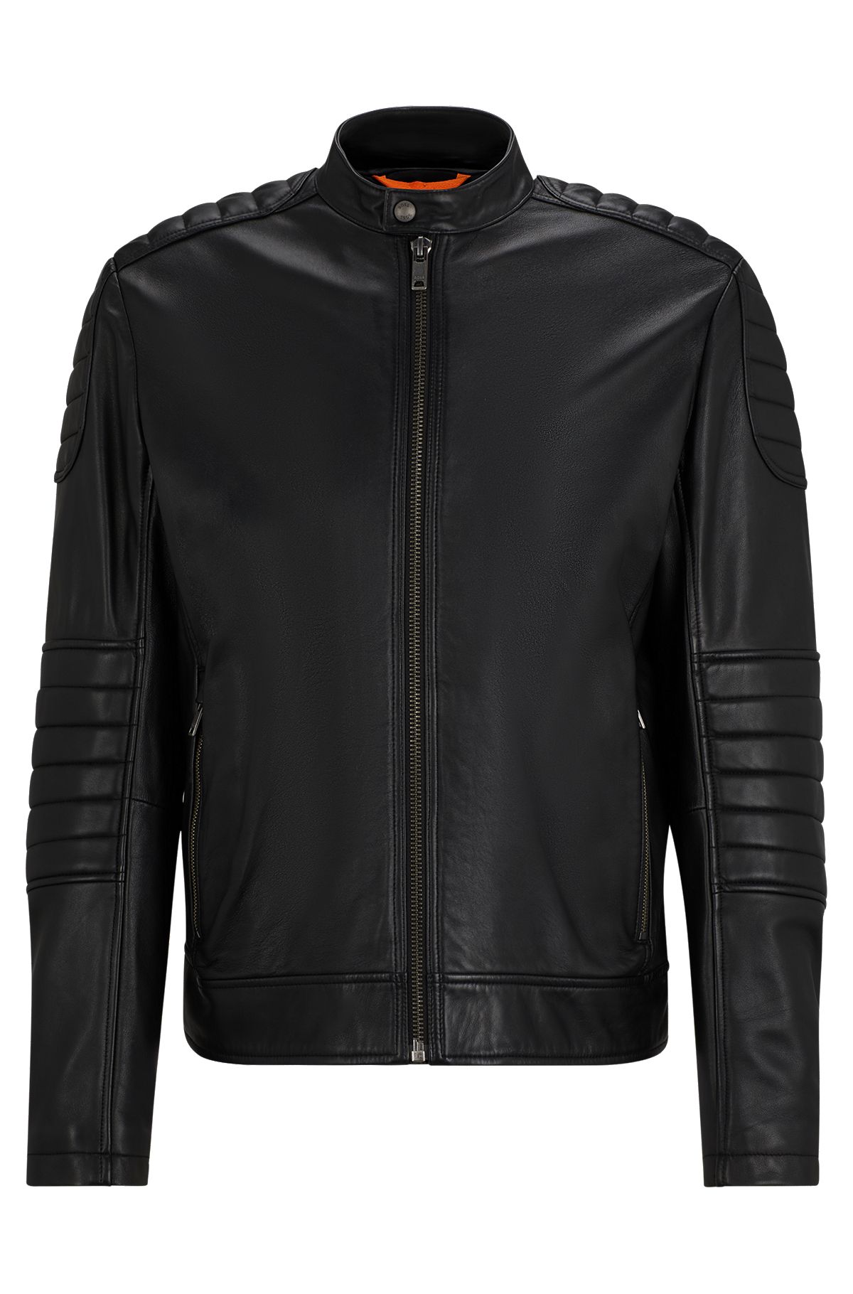 Regular-fit jacket in lamb leather with quilting detail, Black