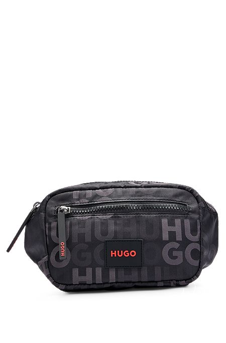 Stacked-logo-pattern belt bag with branded rubber patch, Black