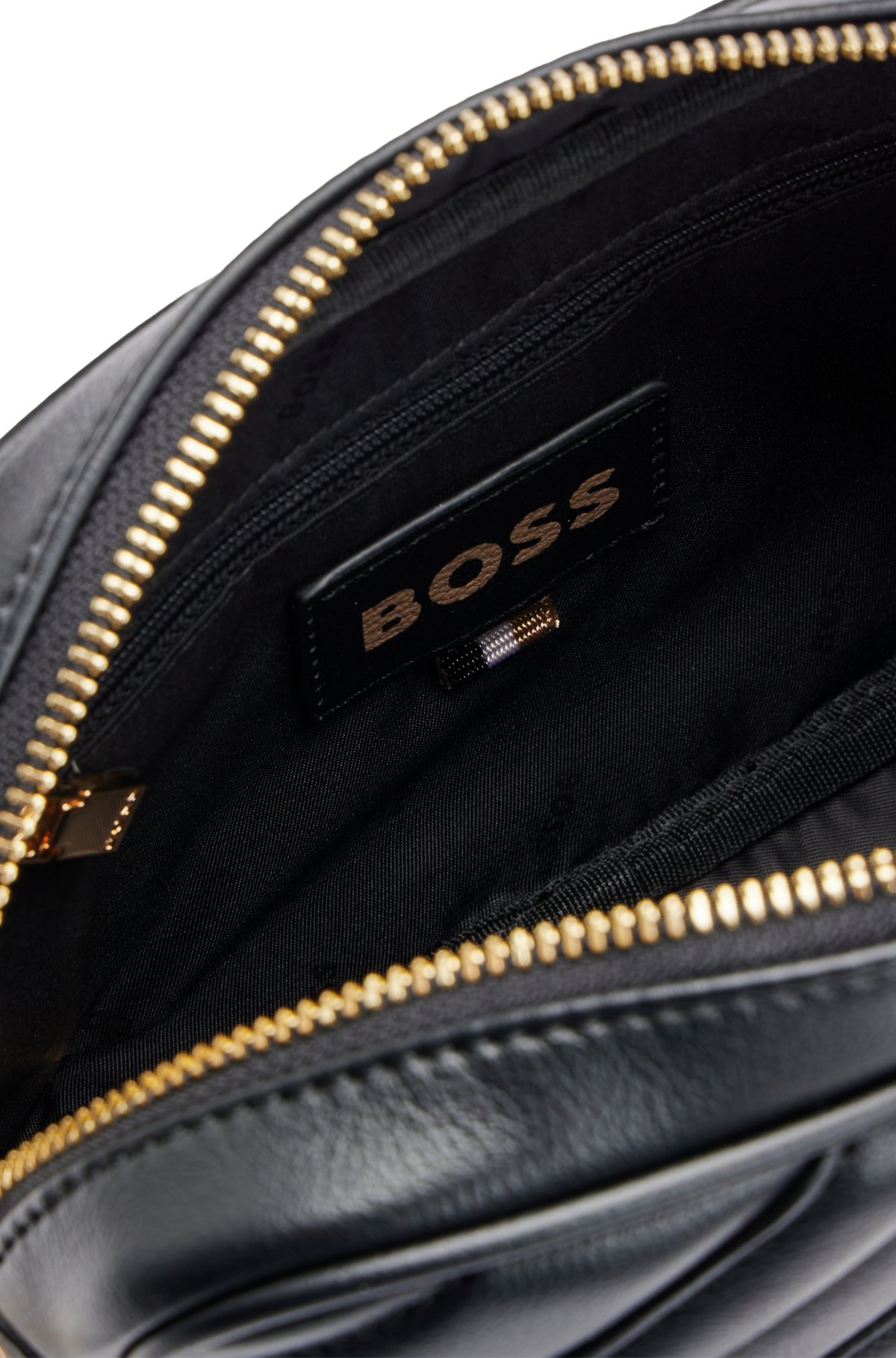 Quilted crossbody bag with metallic monogram detail, Black