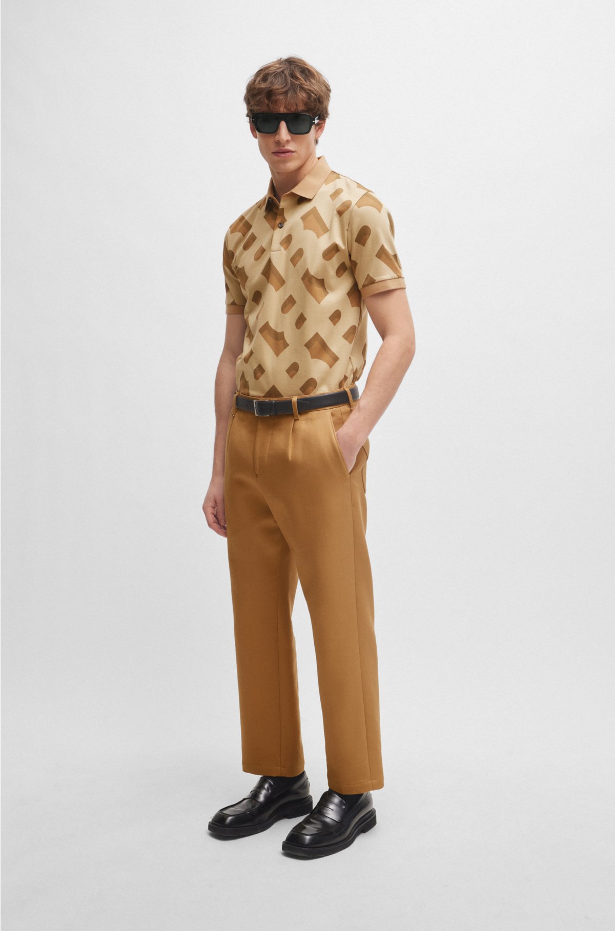 Monogram-jacquard polo shirt in mercerised stretch cotton, Beige Patterned