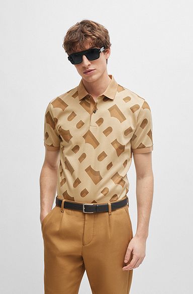 Monogram-jacquard polo shirt in mercerised stretch cotton, Beige Patterned