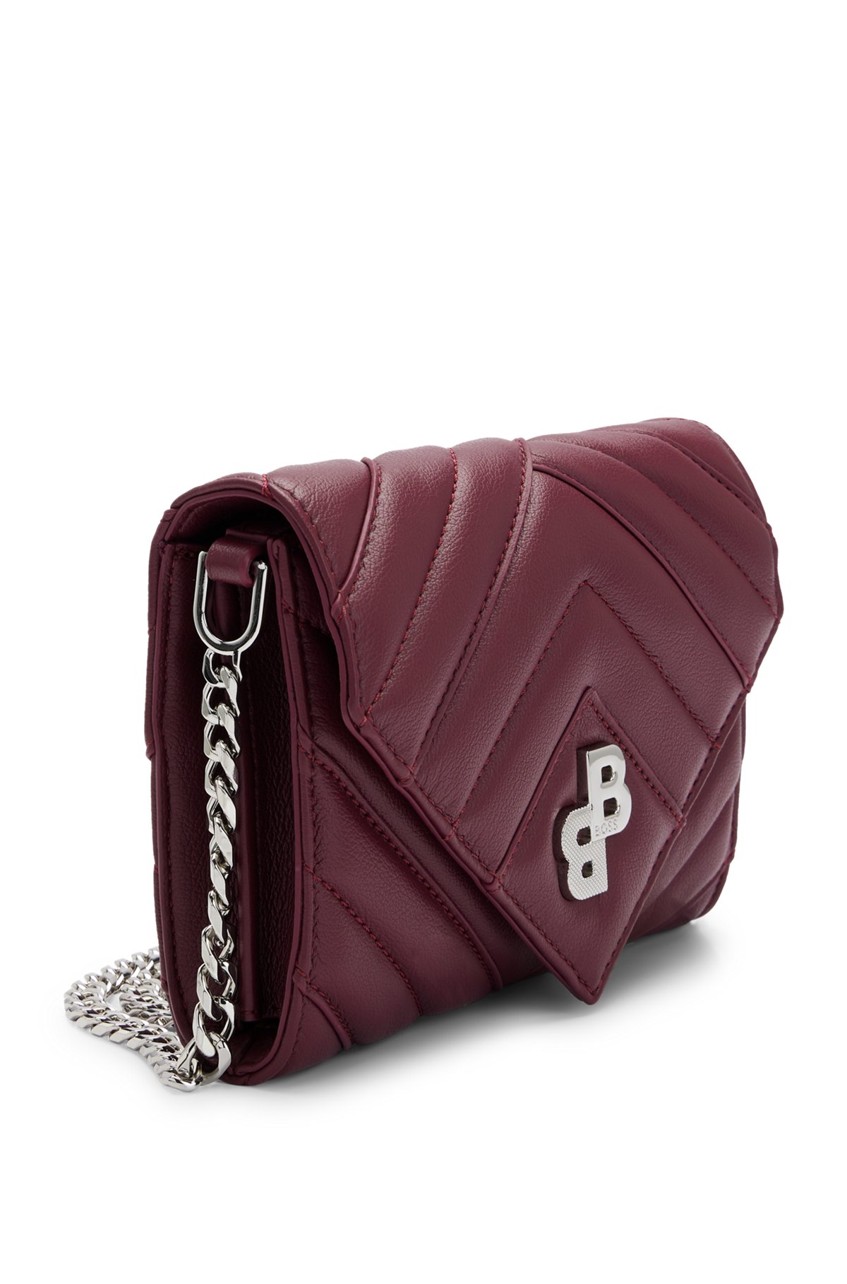 Quilted clutch bag with monogram hardware and chain, Dark Red