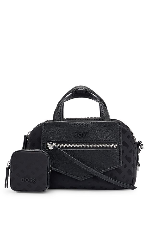 Mixed-material crossbody bag with detachable pouch, Black