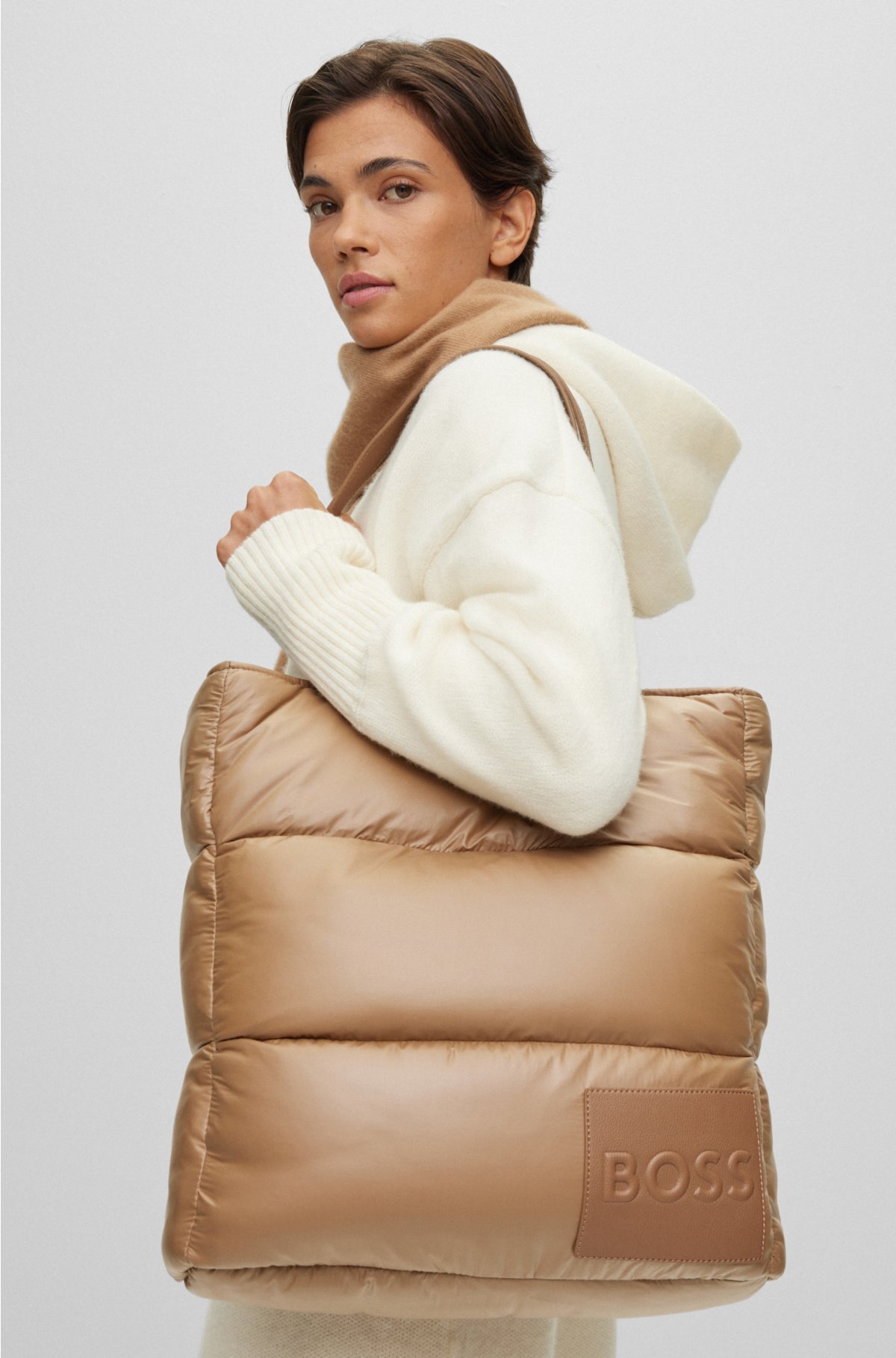 Cream Leather-Look Quilted Puffer Tote Bag