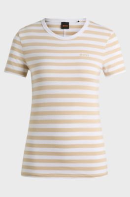 Slub-cotton T-shirt with horizontal stripe, White / Beige