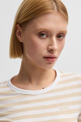 Slub-cotton T-shirt with horizontal stripe, White / Beige