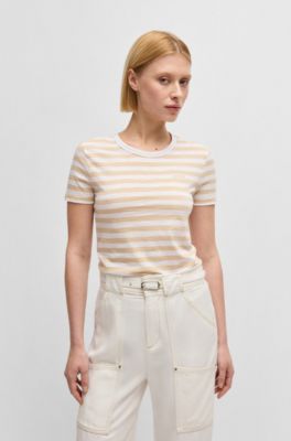 Slub-cotton T-shirt with horizontal stripe, White / Beige