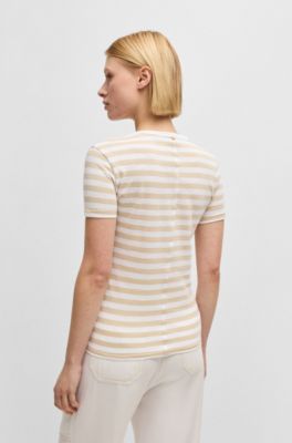 Slub-cotton T-shirt with horizontal stripe, White / Beige
