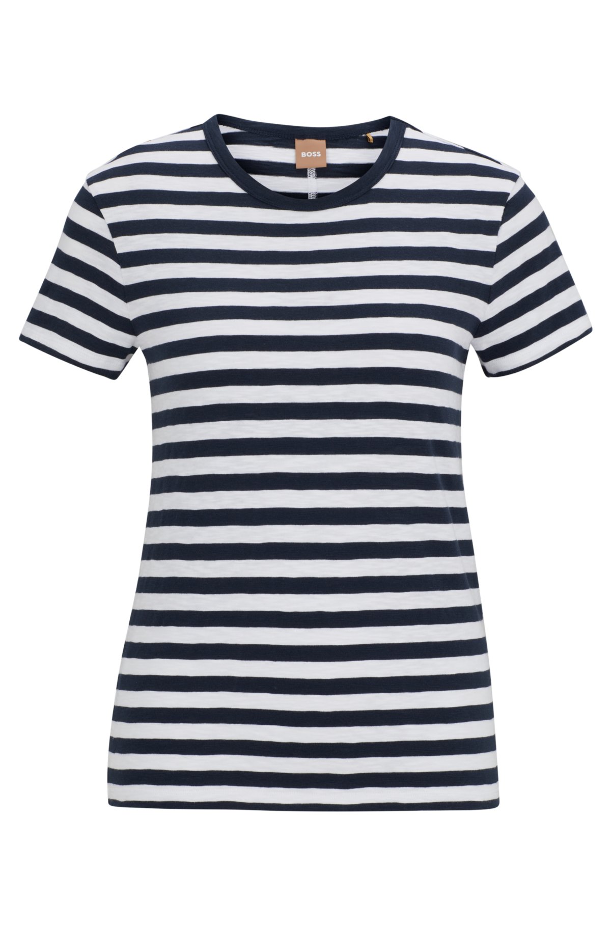 Slub-cotton T-shirt with horizontal stripe, Blue Patterned