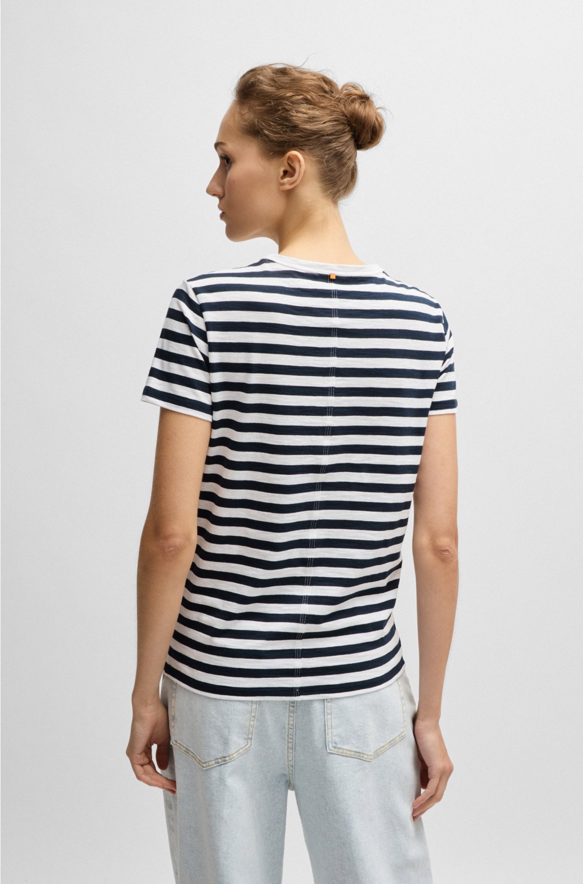Slub-cotton T-shirt with horizontal stripe, Blue Patterned