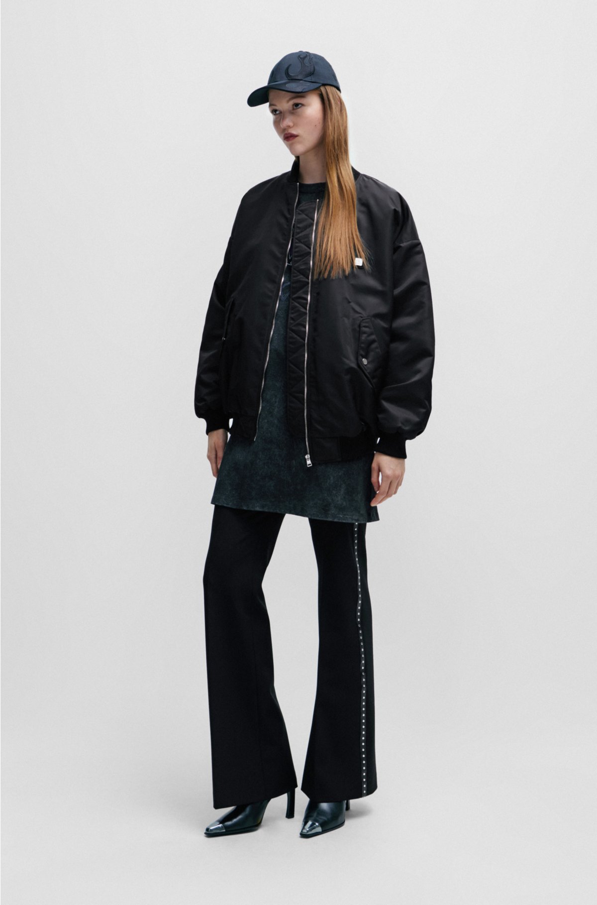Oversized-fit bomber jacket in water-repellent fabric, Black