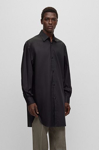 Langes Regular-Fit Hemd aus bügelleichter Baumwoll-Popeline, Schwarz