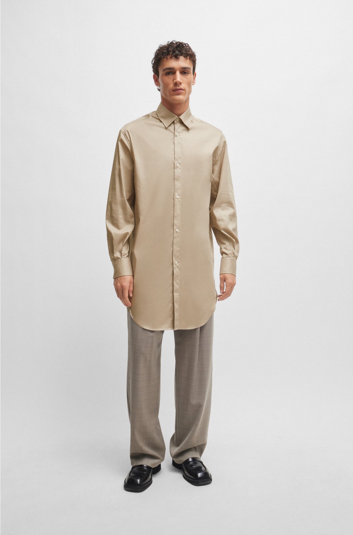 Longline regular-fit shirt in easy-iron cotton poplin, Light Beige