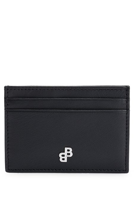 Matte-leather card holder with monogram hardware trim, Black