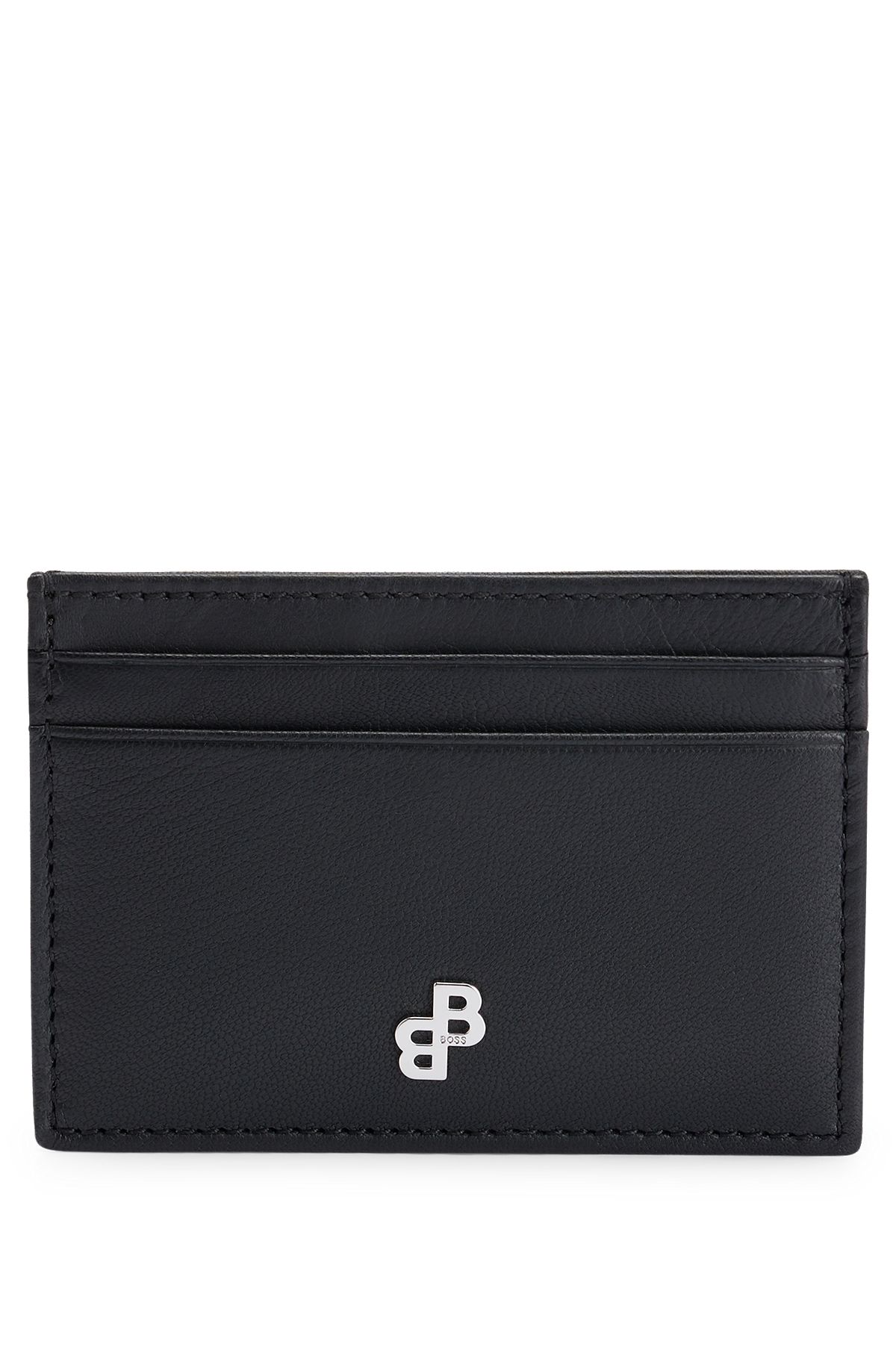 Matte-leather card holder with monogram hardware trim, Black