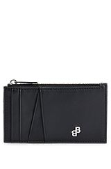 Matte-leather card holder with zipped coin pocket, Black
