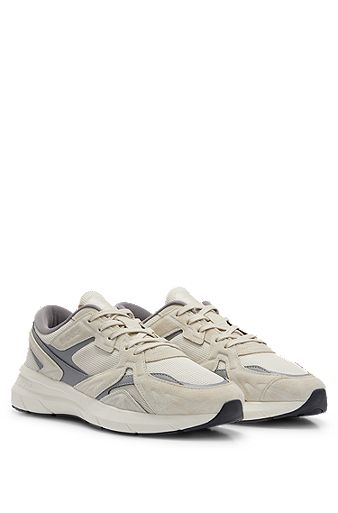 Mixed-material trainers with suede and mesh, Light Beige
