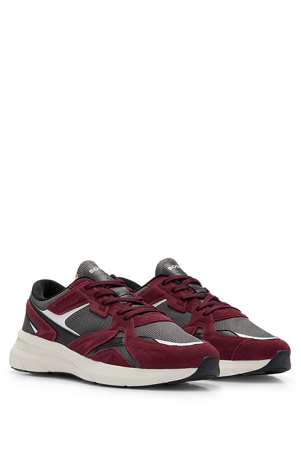 Mixed-material trainers with suede and mesh, Dark Red
