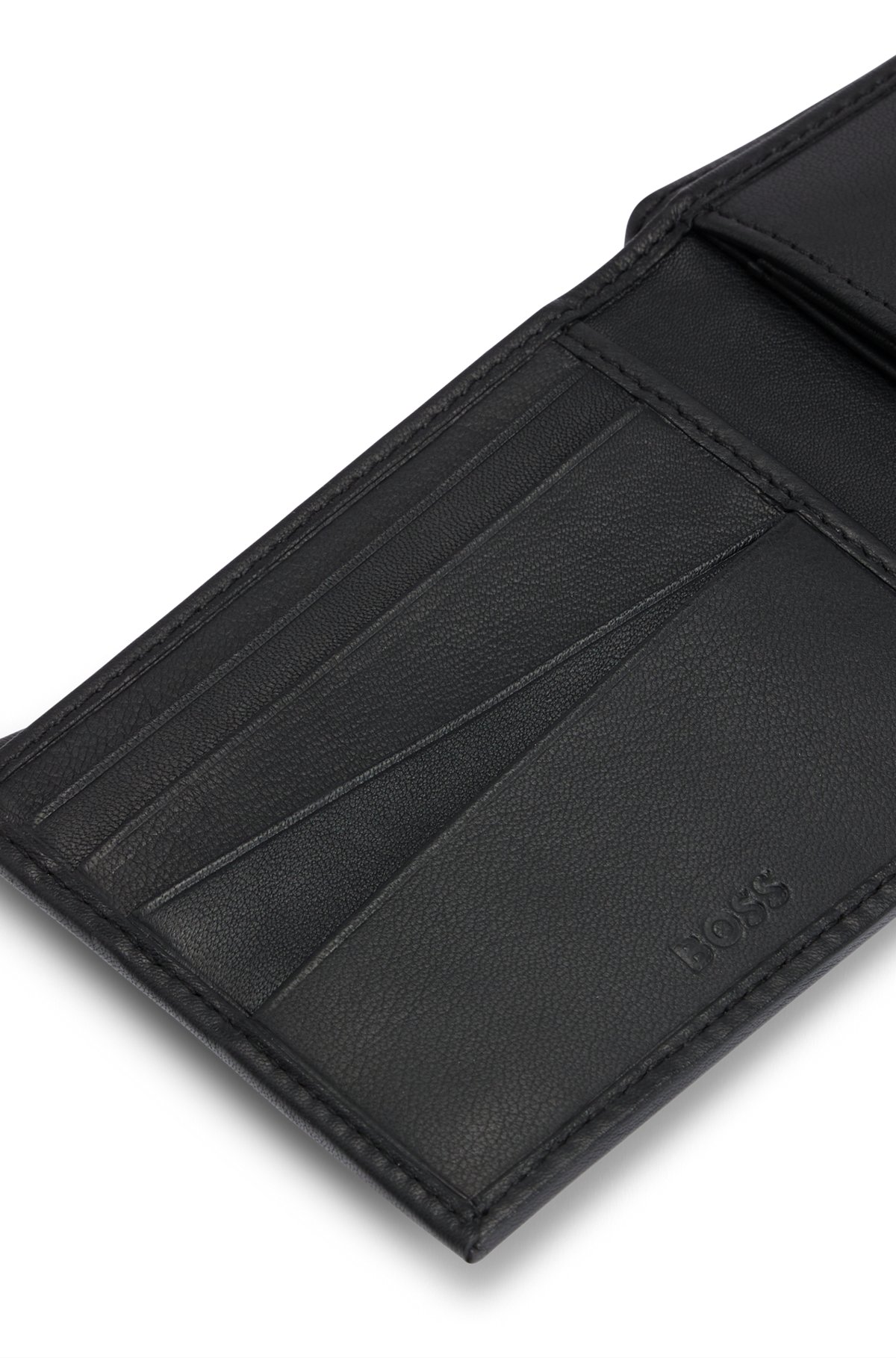 Monogram-trim leather wallet with coin pocket, Black